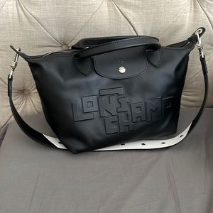 Longchamp Le Pliage Cuir Leather Top Handle Bag - Black.